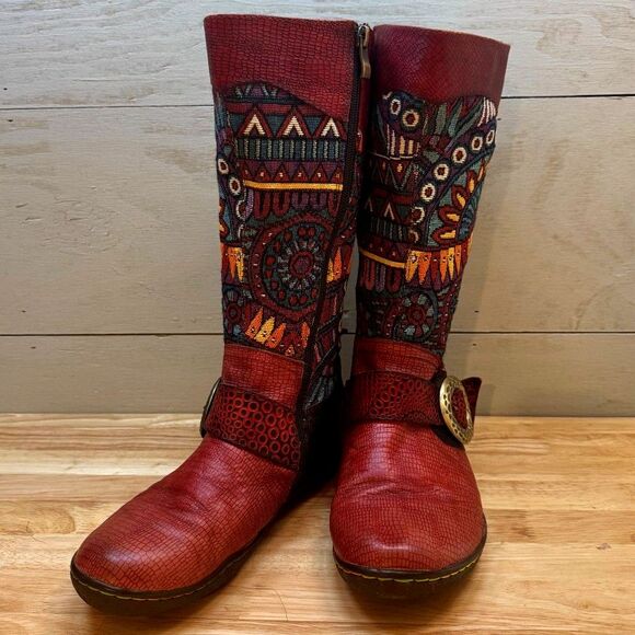 Shoes - Socofy Calf High Women's Boots Boho Embroidered Tapestry Upper Red Leather SZ 39